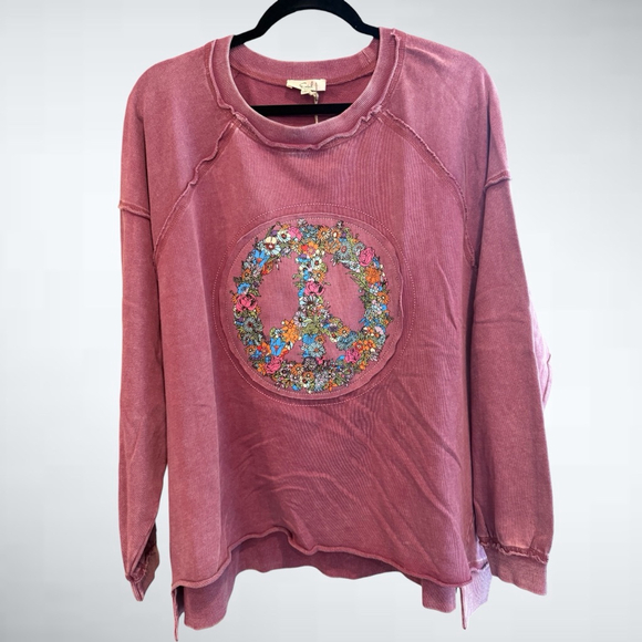 easel Tops - Easel Oversized Peace & Petals Washed Terry Peace Sign Pullover Top in Red Bean
